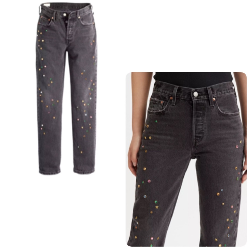 Levi’s 501 Denim Gray‎ Black Studded Highrise whimsy Goth Jeans